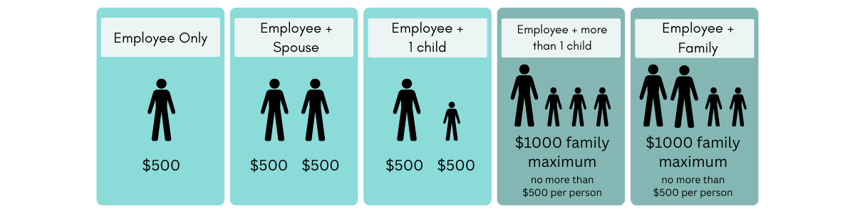 An infographic showing five coverage tiers with icons and HRA amounts. “Employee Only” shows one person with $500. “Employee + Spouse” shows two people, each with $500. “Employee + 1 child” shows one adult and one child, each with $500. “Employee + more than 1 child” shows one adult and multiple children with a $1000 family maximum, capped at $500 per person. “Employee + Family” shows two adults and children with a $1000 family maximum, capped at $500 per person. An infographic showing five coverage tiers with icons and HRA amounts. “Employee Only” shows one person with $500. “Employee + Spouse” shows two people, each with $500. “Employee + 1 child” shows one adult and one child, each with $500. “Employee + more than 1 child” shows one adult and multiple children with a $1000 family maximum, capped at $500 per person. “Employee + Family” shows two adults and children with a $1000 family maximum, capped at $500 per person.