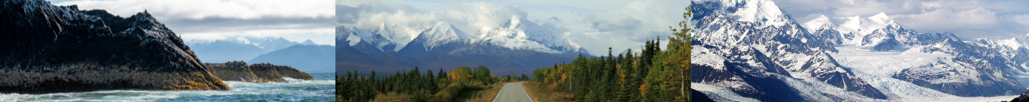 Three scenic Alaska landscapes featuring a rocky coastline, a mountain-lined highway, and snow-covered mountain peaks. Three scenic Alaska landscapes featuring a rocky coastline, a mountain-lined highway, and snow-covered mountain peaks.