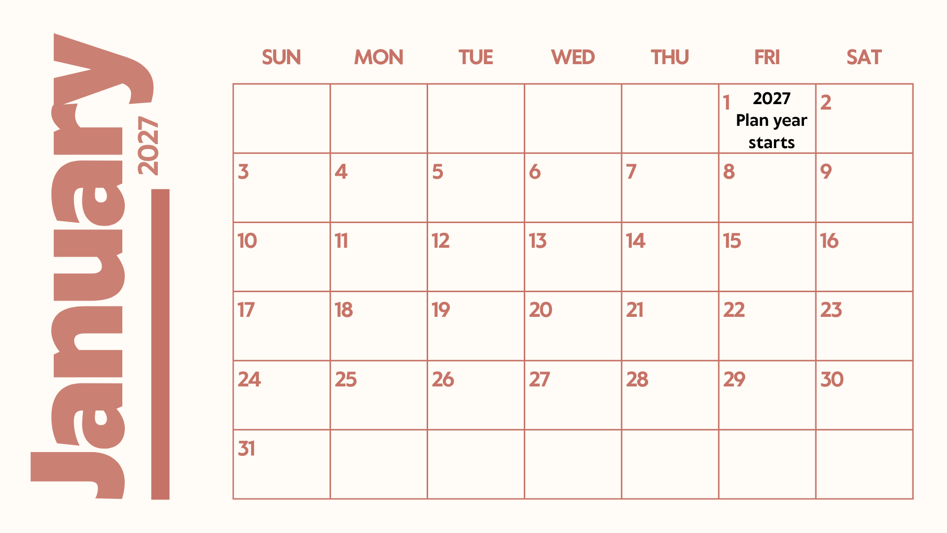 January 2027 calendar showing 2027 Plan Year starting on January 1. January 2027 calendar showing 2027 Plan Year starting on January 1.